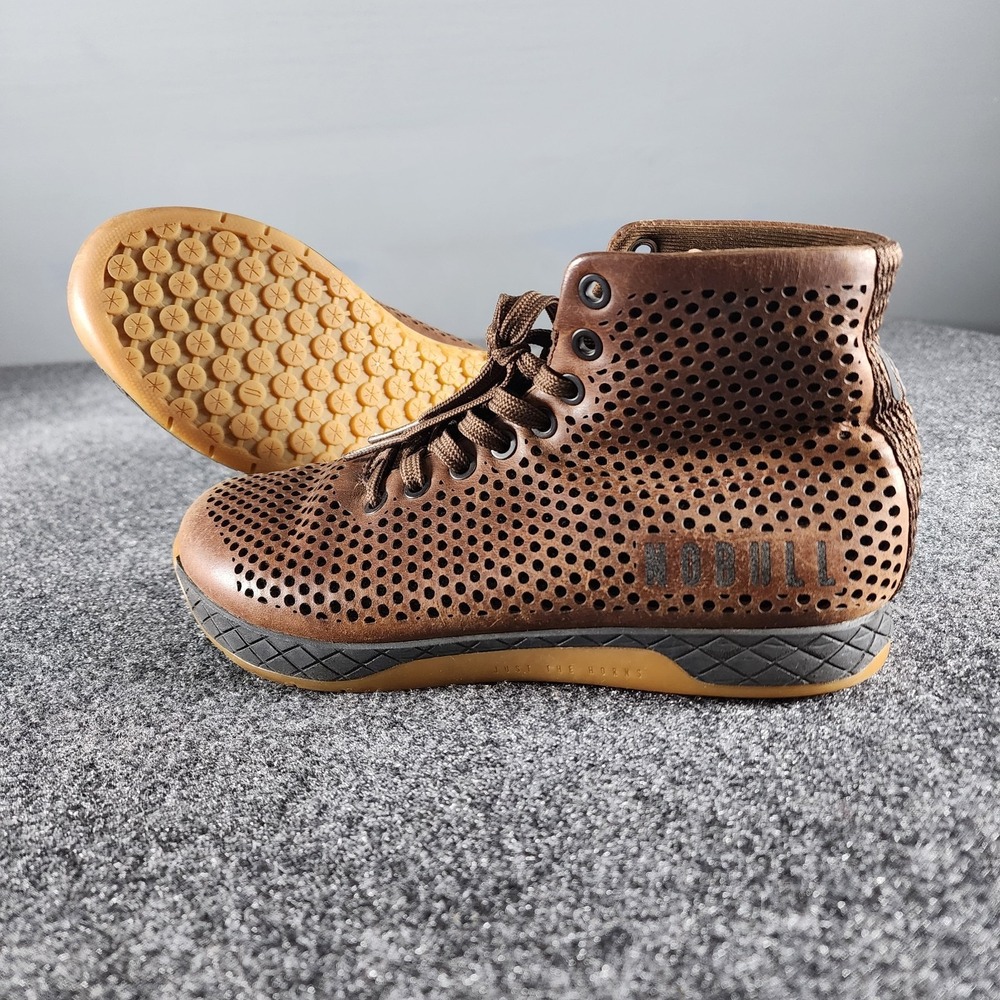 NOBULL High-Top Perforated Leather Trainers Brown Gum‎ Sole Womens 7.5